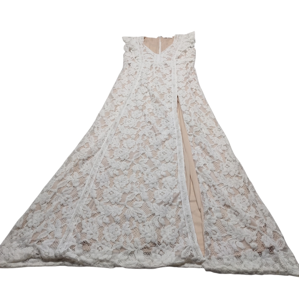 Lulus White Floral Lace Maxi Dress Size L V-Neck Flutter Sleeve Front Slit - Picture 10 of 14
